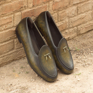 Ambrogio Men's Handmade Custom Made Shoes Khaki Green Patina Leather Belgian Slipper Loafers (AMB1178)-AmbrogioShoes
