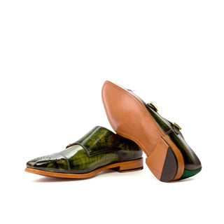 Ambrogio 3615 Men's Shoes Khaki Green Suede / Patina Leather Monk-Straps Loafers (AMB1142)-AmbrogioShoes