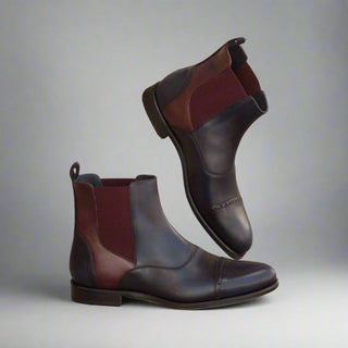 Ambrogio Men's Handmade Custom Made Shoes Navy & Burgundy Suede / Calf-Skin Leather Chelsea Boots (AMB1041)-AmbrogioShoes