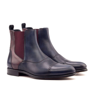 Ambrogio Men's Handmade Custom Made Shoes Navy & Burgundy Suede / Calf-Skin Leather Chelsea Boots (AMB1041)-AmbrogioShoes