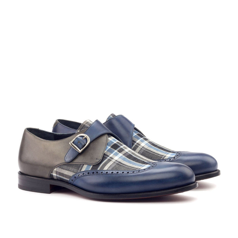 Ambrogio 3003 Men's Shoes Navy & Gray Texture Print / Calf-Skin Leather Monk-Strap Loafers (AMB1219)-AmbrogioShoes