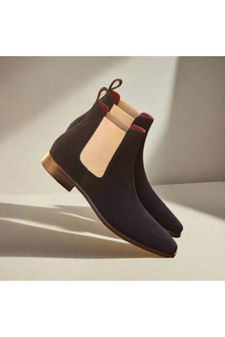 Ambrogio Men's Handmade Custom Made Shoes Navy Houndstooth Sartorial / Lux Suede Chelsea Boots (AMB1008)-AmbrogioShoes