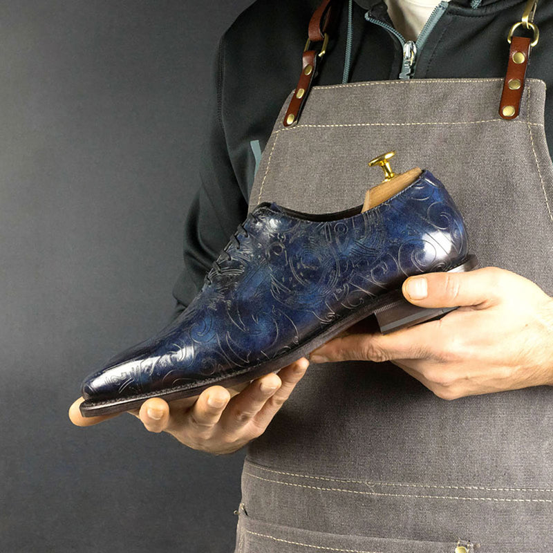 Ambrogio Men's Shoes Ocean Blue Maori Texture Print / Patina Leather Wholecut Plain Oxfords (AMB1634)-AmbrogioShoes