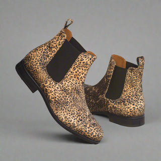 Ambrogio Men's Handmade Custom Made Shoes Tan Leopard Texture Chelsea Boots (AMB1047)-AmbrogioShoes