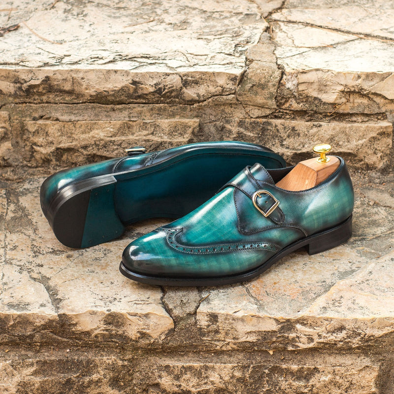 Ambrogio 3711 Men's Shoes Turquoise Patina Leather Monk-Strap Loafers (AMB1149)-AmbrogioShoes