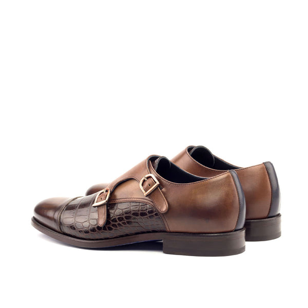 Ambrogio 2701 Men's Shoes Two-Tone Brown Crocodile Print / Patina Leather Monk-Straps Loafers (AMB1143)-AmbrogioShoes
