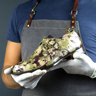 Ambrogio Men's Handmade Custom Made Shoes Two-Tone Green / Burgundy Digital Camo Patina Leather Monk Strap (AMB1652)-AmbrogioShoes