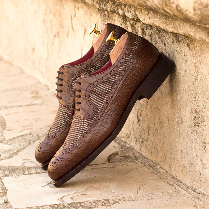 Ambrogio Men's Shoes Beige & Dark Brown Fabric / Crocodile Print Leather Blucher Oxfords (AMB2100)-AmbrogioShoes
