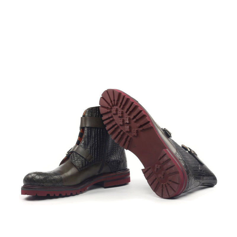 Ambrogio Men's Shoes Black & Green Crocodile Print / Calf-Skin Leather Buckle Boots (AMB2026)-AmbrogioShoes