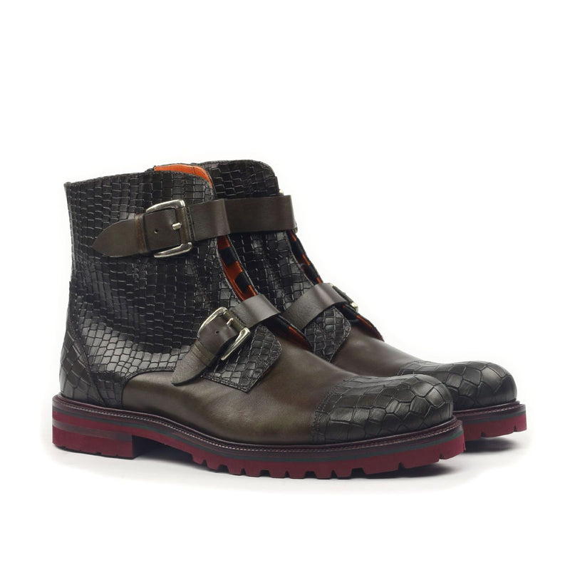 Ambrogio Men's Shoes Black & Green Crocodile Print / Calf-Skin Leather Buckle Boots (AMB2026)-AmbrogioShoes