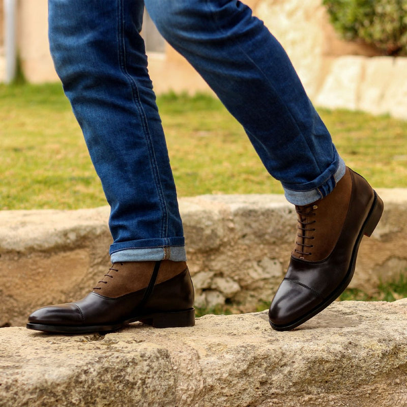 Ambrogio Men's Shoes Black & Green Suede / Calf-Skin Leather Cap-Toe Boots (AMB2028)-AmbrogioShoes