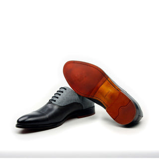Ambrogio Men's Shoes Black & Light Gray Linen / Calf-Skin Leather Cap-Toe Oxfords (AMB2024)-AmbrogioShoes