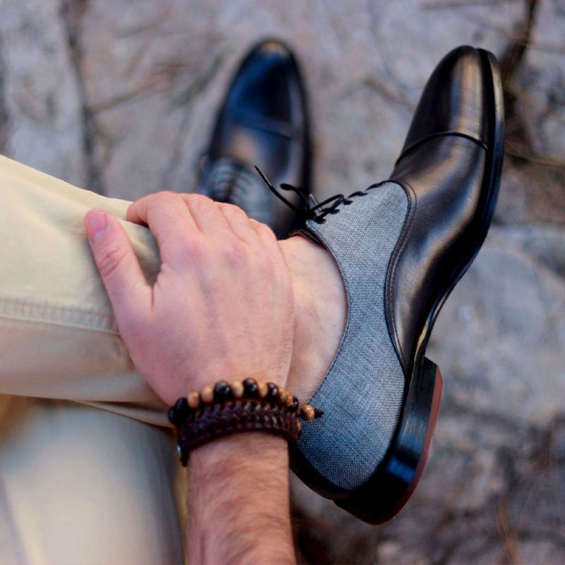 Ambrogio Men's Shoes Black & Light Gray Linen / Calf-Skin Leather Cap-Toe Oxfords (AMB2024)-AmbrogioShoes