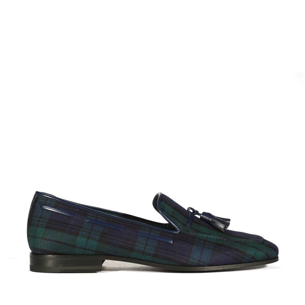 Ambrogio Bespoke Men's Handmade Custom Shoes Blue & Green Blackwatch Sartorial Fabric Drake Tassels Loafers (AMBS1727)-AmbrogioShoes