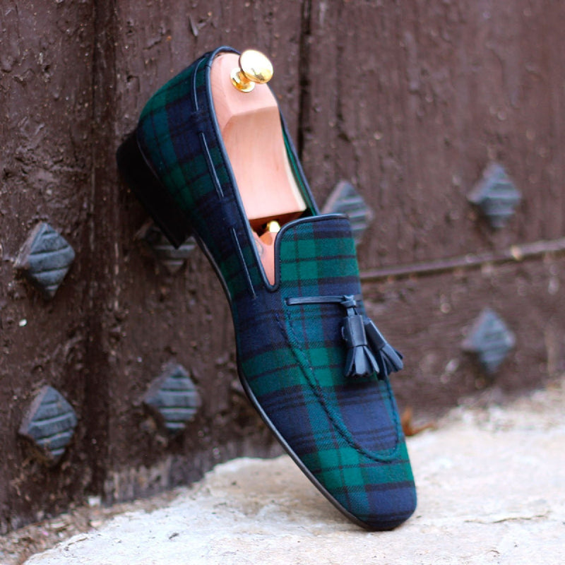 Ambrogio 1684 Bespoke Custom Men's Shoes Blue & Green Blackwatch Sartorial Fabric Drake Tassels Loafers (AMB1727)-AmbrogioShoes