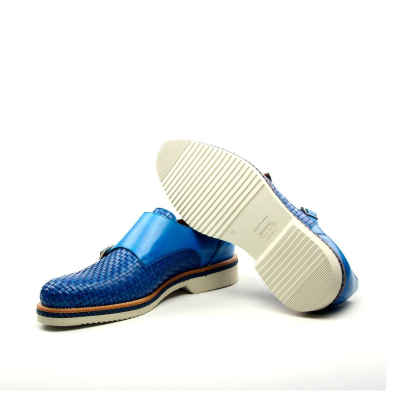 Ambrogio Men's Shoes Blue Woven / Calf-Skin Leather Monkstraps Loafers (AMB2013)-AmbrogioShoes