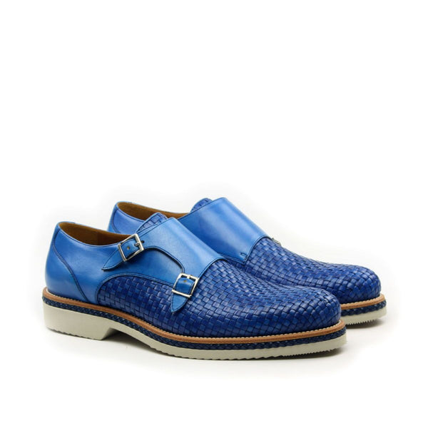 Ambrogio Men's Shoes Blue Woven / Calf-Skin Leather Monkstraps Loafers (AMB2013)-AmbrogioShoes