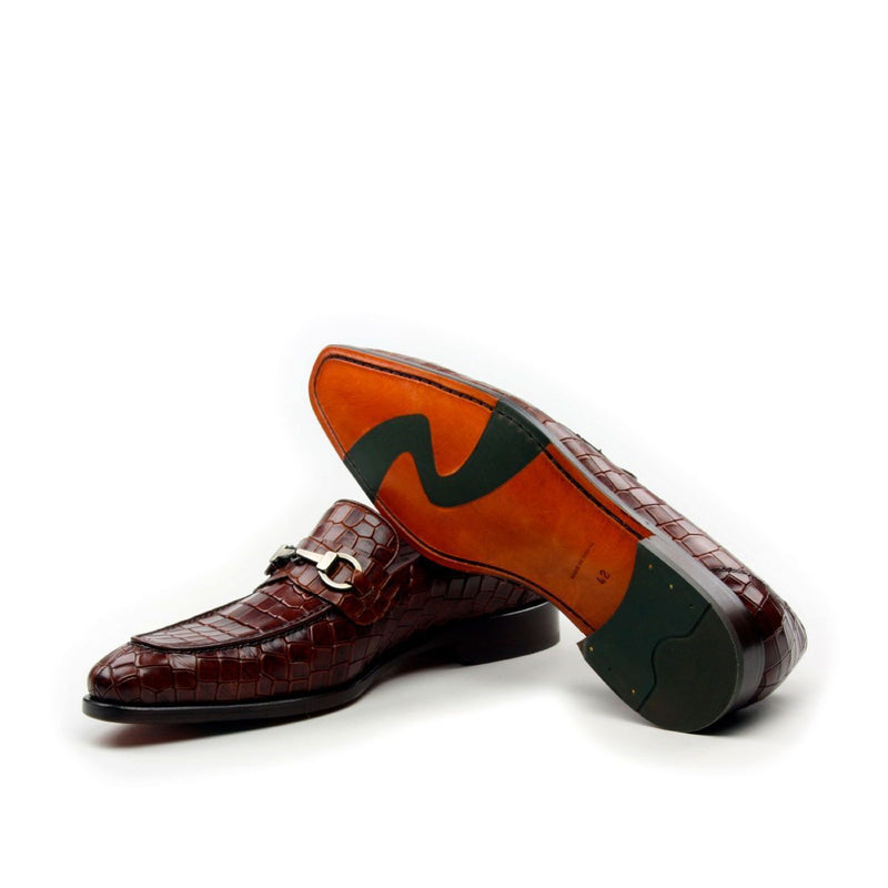Ambrogio Men's Shoes Brown Exotic Crocodile Print / Calf-Skin Leather Slip-On Horsebit Loafers (AMB2022)-AmbrogioShoes