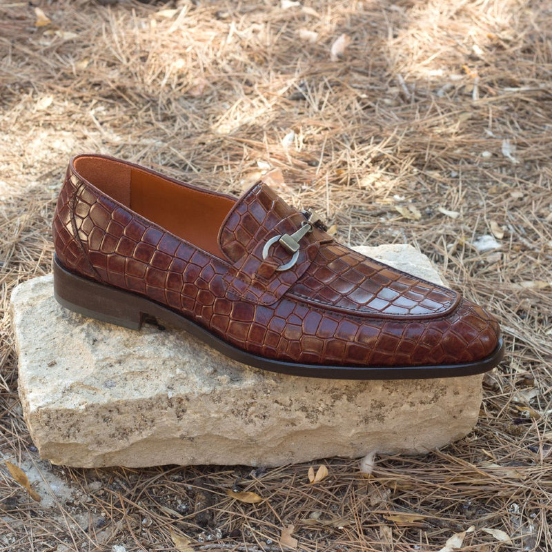Ambrogio Men's Shoes Brown Exotic Crocodile Print / Calf-Skin Leather Slip-On Horsebit Loafers (AMB2022)-AmbrogioShoes
