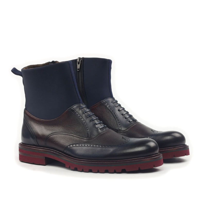 Ambrogio Men's Shoes Cherry & Navy Neoprene Rubber / Texture Print / Calf-Skin Leather Wingtip Boots (AMB2046)-AmbrogioShoes