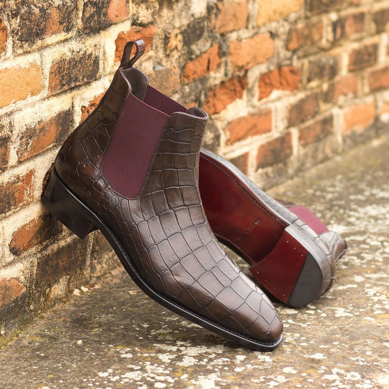 Ambrogio Men's Shoes Dark Brown & Burgundy Crocodile Print / Calf-Skin Leather Chelsea Boots (AMB2082)-AmbrogioShoes