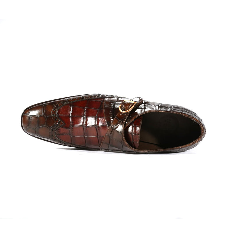 Ambrogio Custom Men's Shoes Dark Brown Crocodile Print / Calf-Skin Leather Monk-Strap Loafers (AMBX1001)-AmbrogioShoes