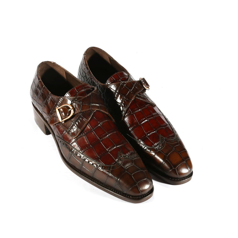 Ambrogio Custom Men's Shoes Dark Brown Crocodile Print / Calf-Skin Leather Monk-Strap Loafers (AMBX1001)-AmbrogioShoes