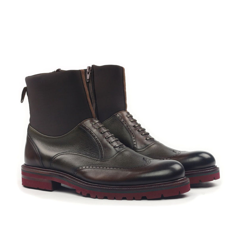 Ambrogio Men's Shoes Green & Chocolate Neoprene / Texture Print / Calf-Skin Leather Wingtip Boots (AMB2025)-AmbrogioShoes