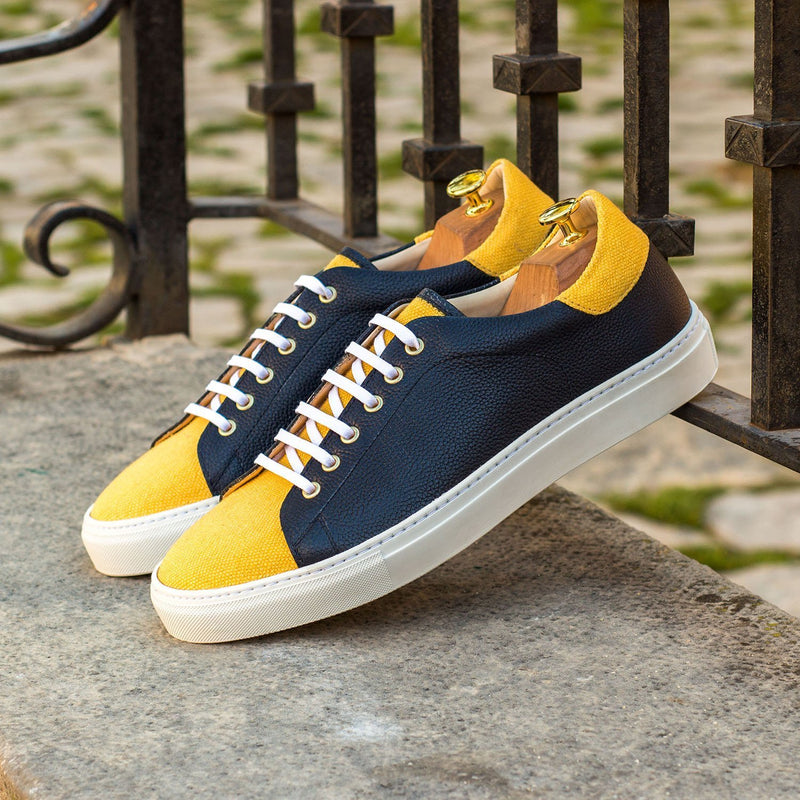 Ambrogio Men's Shoes Mustard & Navy Linen Fabric / Full Grain Leather Trainer Sneakers (AMB2090)-AmbrogioShoes