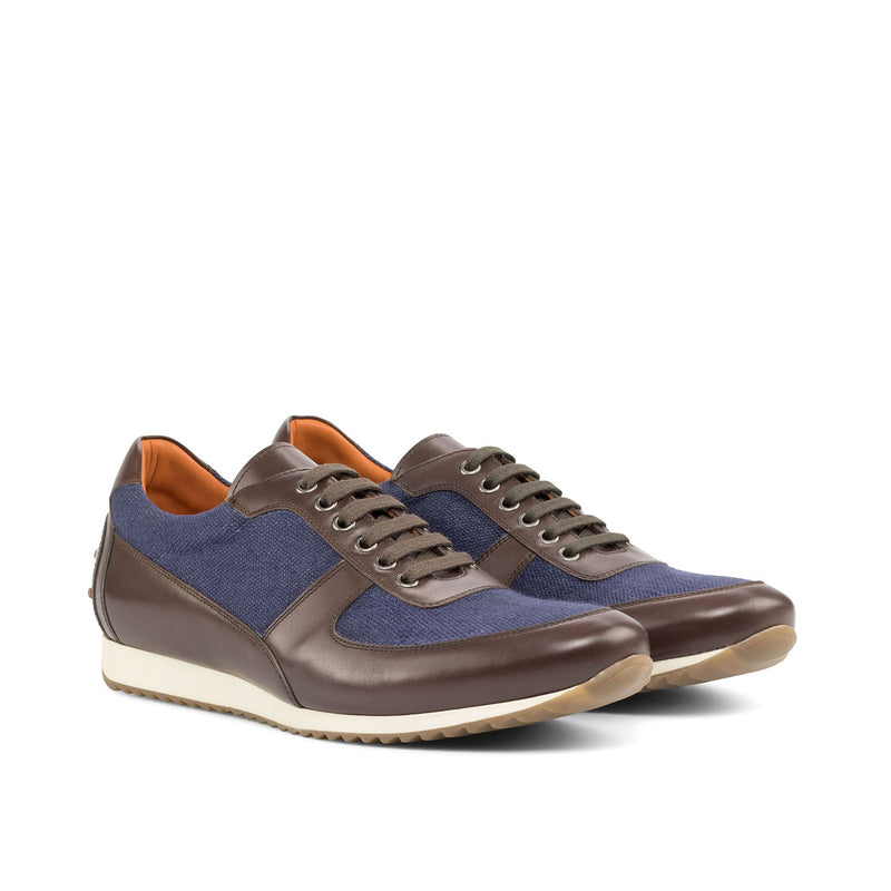 Ambrogio Men's Shoes Navy & Brown Linen / Calf-Skin Leather Corsini Sneakers (AMB2079)-AmbrogioShoes