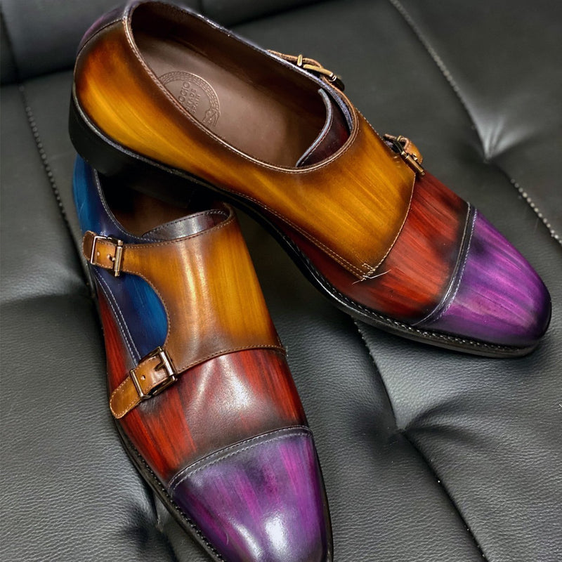Ambrogio Custom Men's Shoes Purple, Brown, Navy & Camel Patina Leather Monk-Straps Loafers (AMBX1000)-AmbrogioShoes