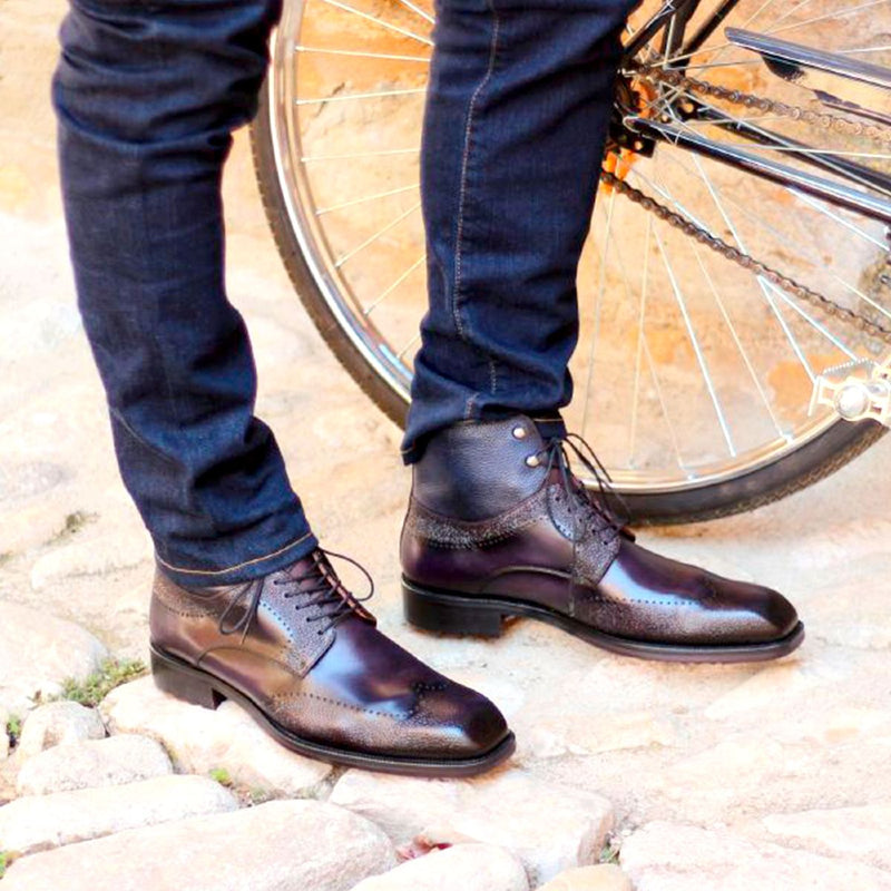 Ambrogio Men's Shoes Purple & Navy Texture Print / Calf-Skin Leather Chukka Boots (AMB2016)-AmbrogioShoes