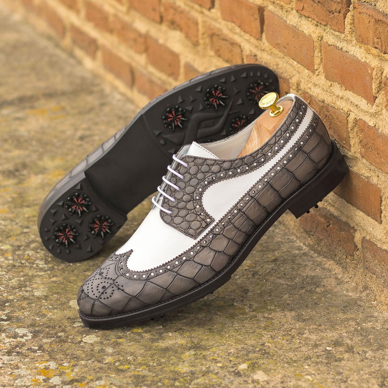 Ambrogio Men's Shoes White & Gray Crocodile Print / Calf-Skin Leather Wingtip Oxfords (AMB2087)-AmbrogioShoes