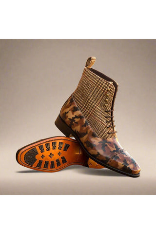 Ambrogio Multi-Color Fabric / Patina Leather Balmoral Boots (AMB1399)-AmbrogioShoes