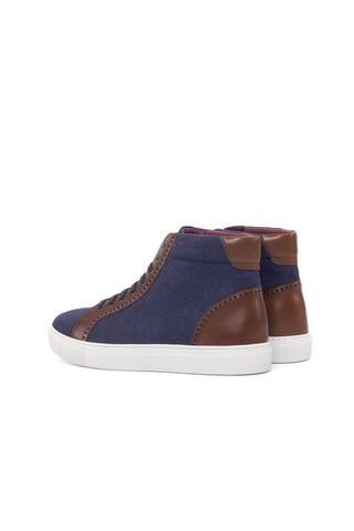 Ambrogio Navy & Brown Linen Fabric / Calf-Skin Leather High-Top Sneakers (AMB1835)-AmbrogioShoes
