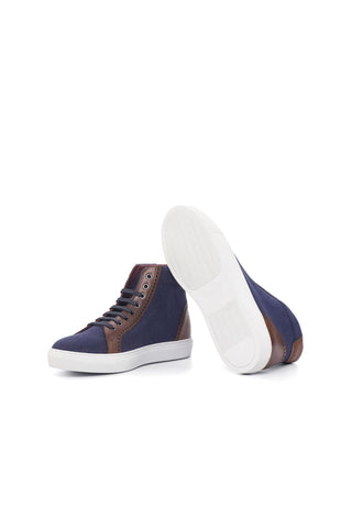 Ambrogio Navy & Brown Linen Fabric / Calf-Skin Leather High-Top Sneakers (AMB1835)-AmbrogioShoes