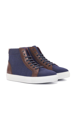 Ambrogio Navy & Brown Linen Fabric / Calf-Skin Leather High-Top Sneakers (AMB1835)-AmbrogioShoes