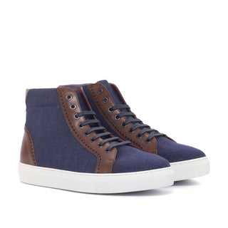 Ambrogio Navy & Brown Linen Fabric / Calf-Skin Leather High-Top Sneakers (AMB1835)-AmbrogioShoes