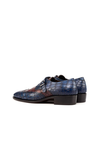 Ambrogio Navy & Burgundy Crocodile Embossed / Calf-Skin Leather Monk Strap (AMB1808)-AmbrogioShoes