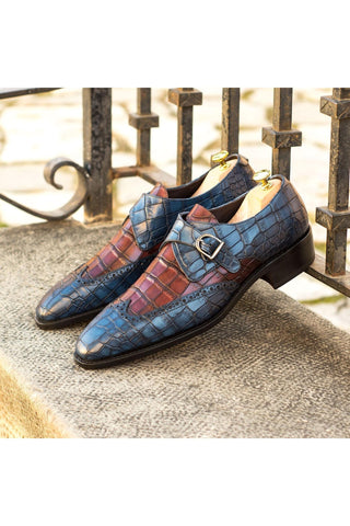 Ambrogio Navy & Burgundy Crocodile Embossed / Calf-Skin Leather Monk Strap (AMB1808)-AmbrogioShoes