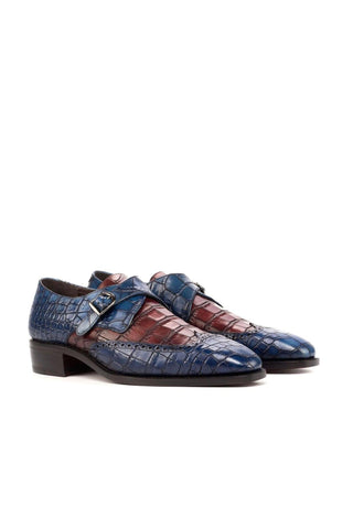 Ambrogio Navy & Burgundy Crocodile Embossed / Calf-Skin Leather Monk Strap (AMB1808)-AmbrogioShoes