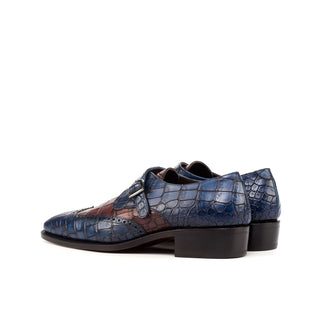 Ambrogio Navy & Burgundy Crocodile Print / Calf-Skin Leather Monk Strap (AMB1808)-AmbrogioShoes
