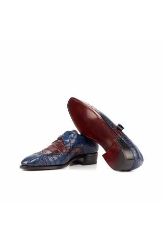 Ambrogio Navy & Burgundy Crocodile Print / Calf-Skin Leather Monk Strap (AMB1808)-AmbrogioShoes
