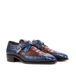Ambrogio Navy & Burgundy Crocodile Print / Calf-Skin Leather Monk Strap (AMB1808)-AmbrogioShoes