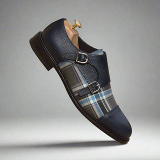 Ambrogio Navy & Gray Fabric / Pebble Grain / Polished Leather Monk-Straps Loafers (AMB1793)-AmbrogioShoes