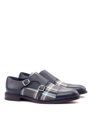 Ambrogio Navy & Gray Fabric / Pebble Grain / Polished Leather Monk-Straps Loafers (AMB1793)-AmbrogioShoes