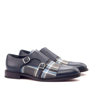 Ambrogio Navy & Gray Fabric / Pebble Grain / Polished Leather Monk-Straps Loafers (AMB1793)-AmbrogioShoes
