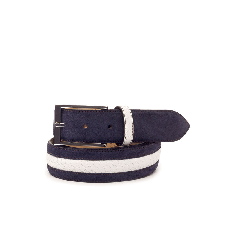 Ambrogio 3426 Navy & White Texture Print / Suede / Calf-Skin Leather Venice Men's Belt (AMBB1020)-AmbrogioShoes