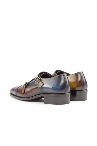 Ambrogio Handmade Custom Denim, Cognac, Purple & Burgundy Patina Leather Monk-Straps Loafers (AMB2227)-AmbrogioShoes