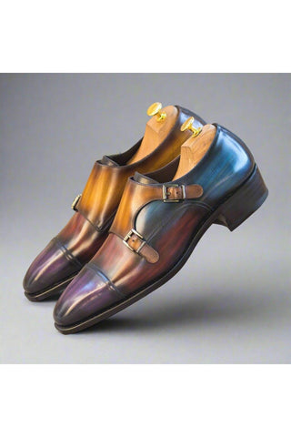 Ambrogio Handmade Custom Denim, Cognac, Purple & Burgundy Patina Leather Monk-Straps Loafers (AMB2227)-AmbrogioShoes